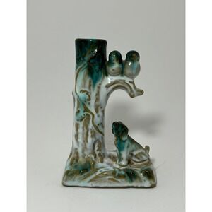 Vintage Ceramic Dog and Birds Tree Trunk Bud Vase Drip Glaze Teal Brown Figure